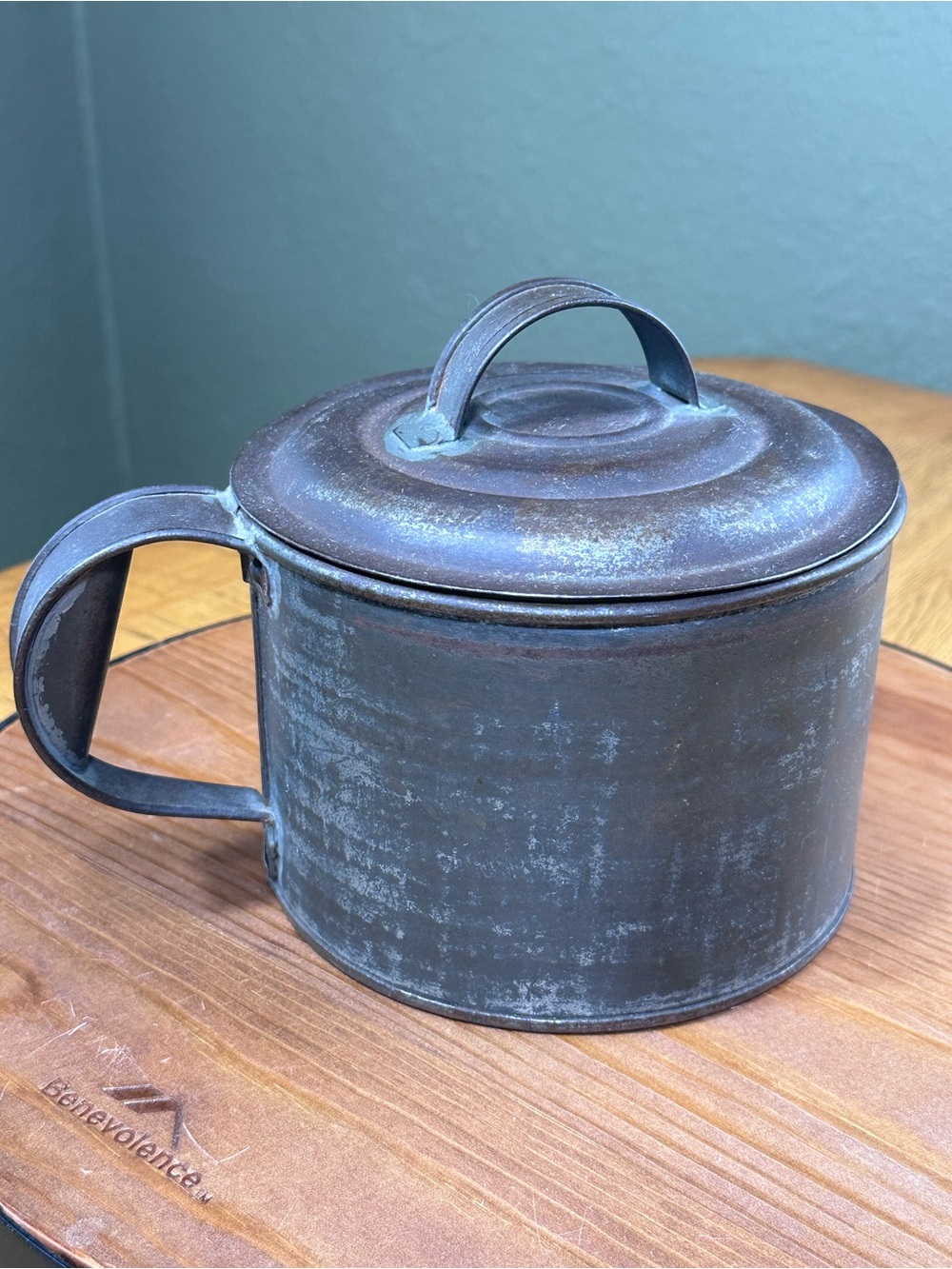 Antique Vintage Primitive Metal Tinware Storage Canister Pot Strap Handle